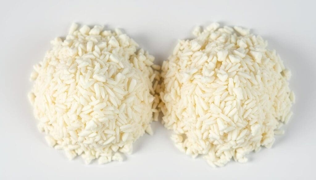 High-contrast close-up photography of two piles of fresh and frozen riced cauliflower, shot from an overhead angle with soft, diffused lighting to highlight the texture and color differences. The fresh cauliflower should appear bright white and crisp, with clearly defined individual grains, while the frozen version has a more muted, slightly grainy appearance. Place the two piles side-by-side on a neutral background, creating a clean, minimalist composition that allows the viewer to easily compare the visual characteristics of the two variants. Capture this scene with a tight framing to draw the eye towards the subtle nuances between the fresh and frozen cauliflower.