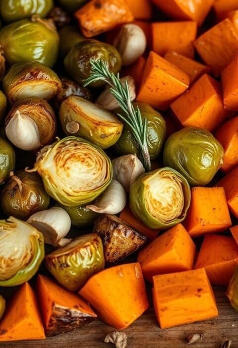 Roasted Brussels Sprouts and Sweet Potatoes