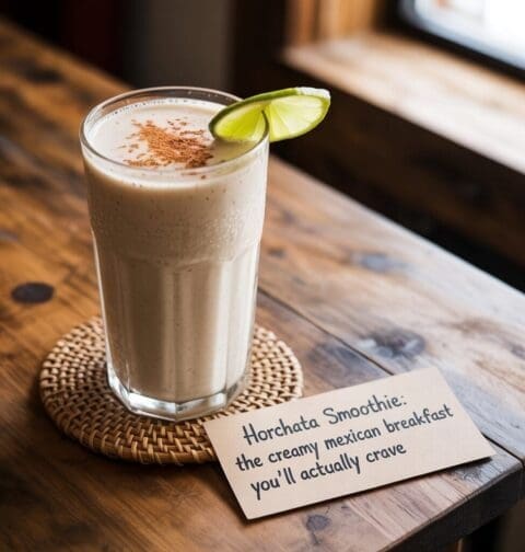 A tall glass of horchata smoothie, garnished with a lime wedge and a sprinkle of cinnamon, rests on a woven coaster on a wooden table. Beside it is a small card with the text "Horchata Smoothie: the creamy mexican breakfast you'll actually crave".