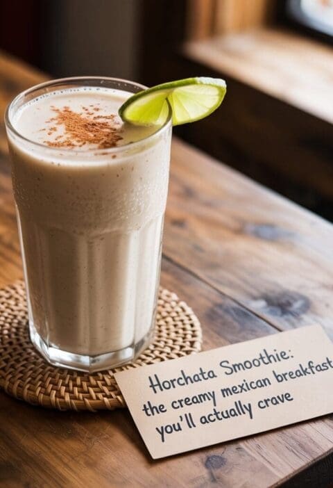 A tall glass of horchata smoothie, garnished with a lime wedge and a sprinkle of cinnamon, rests on a woven coaster on a wooden table. Beside it is a small card with the text "Horchata Smoothie: the creamy mexican breakfast you'll actually crave".