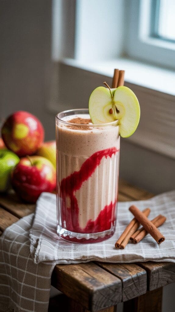A vibrant apple and cinnamon smoothie in a tall glass, featuring swirls of red sauce or fruit puree within a creamy light brown base. It's garnished with a thin green apple slice and a cinnamon stick, topped with a dusting of cinnamon powder. The glass rests on a light checkered napkin on a rustic wooden surface, with whole red and green apples and more cinnamon sticks in the background.