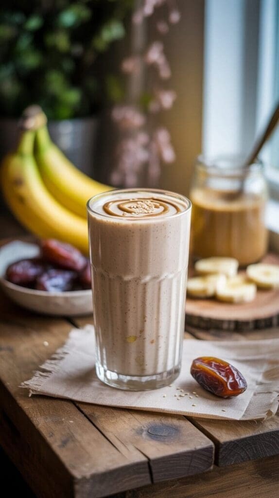 A tall glass of light brown banana-date tahini smoothie, topped with a swirl of tahini and sesame seeds, sits on a piece of parchment paper on a rustic wooden table. A single date lies beside it. In the background, bunches of bananas, sliced bananas, a jar of tahini, and a bowl of dates are visible, creating a cozy, naturally lit scene.