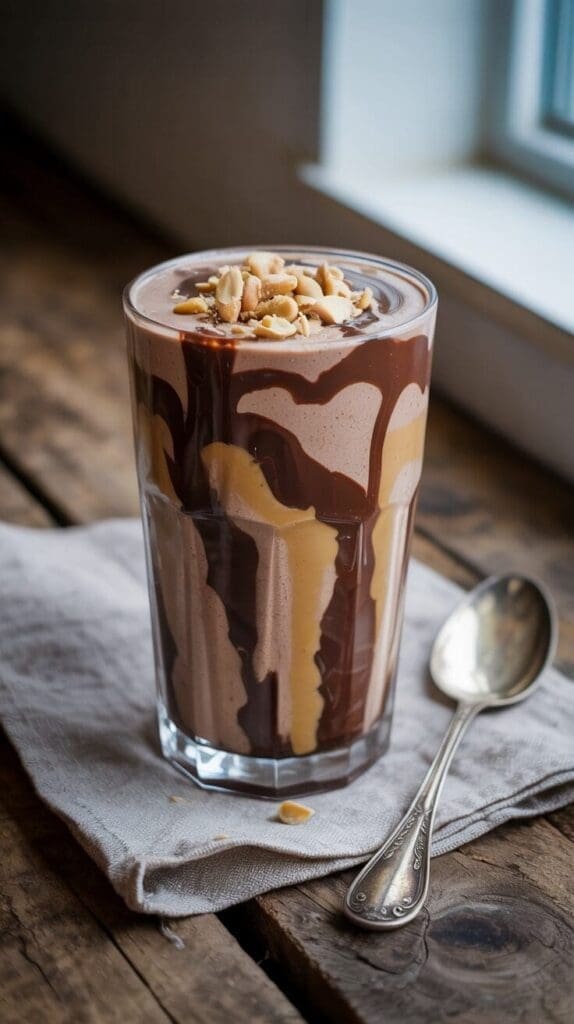A tall glass filled with a marbled chocolate and peanut butter smoothie, featuring streaks of dark and light brown. It's topped with roasted peanuts and rests on a light gray linen napkin next to a vintage silver spoon, all on a rustic wooden surface with a window in the background.