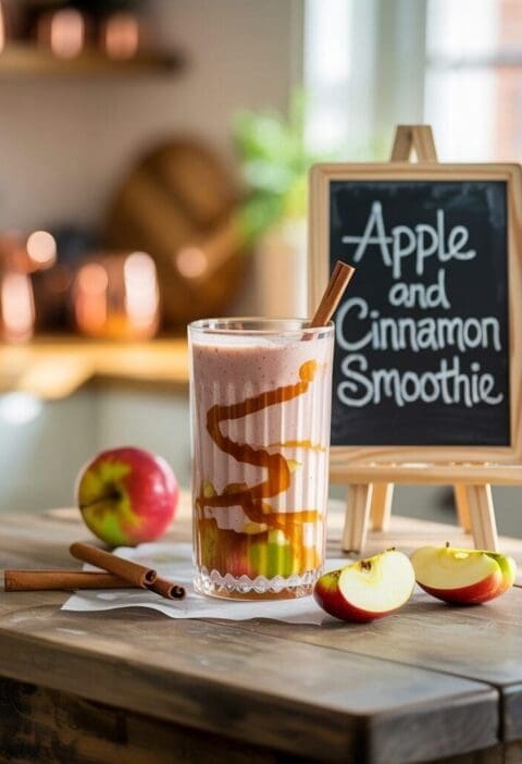 A tall glass of layered apple and cinnamon smoothie, showing green and red apple chunks at the bottom, a creamy light pink layer, and a drizzle of caramel or syrup on top, with a cinnamon stick inside. It sits on a wooden table with a whole apple, a sliced apple, and two more cinnamon sticks nearby. A small chalkboard easel next to the glass reads "Apple and Cinnamon Smoothie". The background shows a blurred kitchen setting with copper pots.