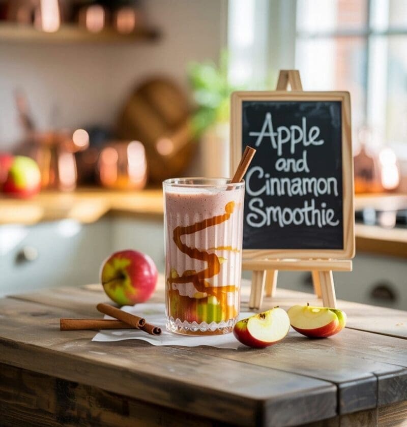 A tall glass of layered apple and cinnamon smoothie, showing green and red apple chunks at the bottom, a creamy light pink layer, and a drizzle of caramel or syrup on top, with a cinnamon stick inside. It sits on a wooden table with a whole apple, a sliced apple, and two more cinnamon sticks nearby. A small chalkboard easel next to the glass reads "Apple and Cinnamon Smoothie". The background shows a blurred kitchen setting with copper pots.