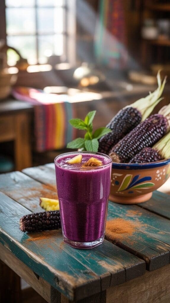 A vibrant purple Chicha Morada drink or smoothie in a clear glass, garnished with a mint sprig, a pineapple chunk, and a sprinkle of cinnamon, sits on a rustic wooden table. Nearby, a dark purple corn cob and some loose cinnamon are visible. In the background, a decorative bowl holds more purple corn cobs, and a window light casts a warm glow on a colorful textile.