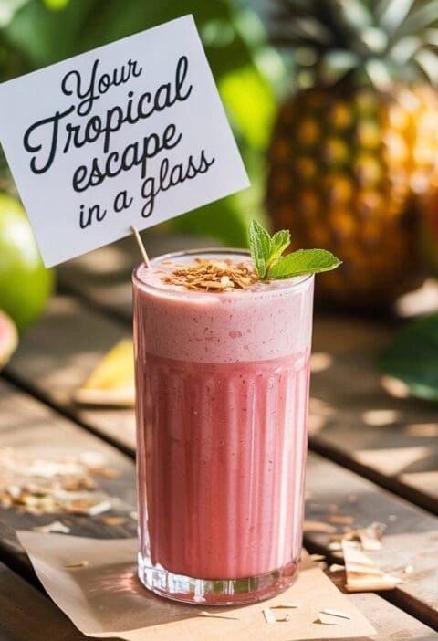 A vibrant pink layered smoothie in a tall glass, garnished with mint leaves and a sign reading "Your Tropical escape in a glass". It sits on a wooden surface with scattered coconut flakes, surrounded by fresh fruits like a whole pineapple, a mango, a green guava, and a sliced pink guava, all in a bright, natural light setting.