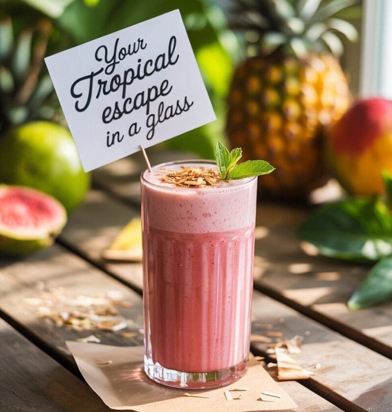 A vibrant pink layered smoothie in a tall glass, garnished with mint leaves and a sign reading "Your Tropical escape in a glass". It sits on a wooden surface with scattered coconut flakes, surrounded by fresh fruits like a whole pineapple, a mango, a green guava, and a sliced pink guava, all in a bright, natural light setting.