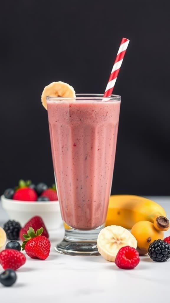 A glass of Banana Berry Blast smoothie with a banana slice and a straw, surrounded by fresh berries.