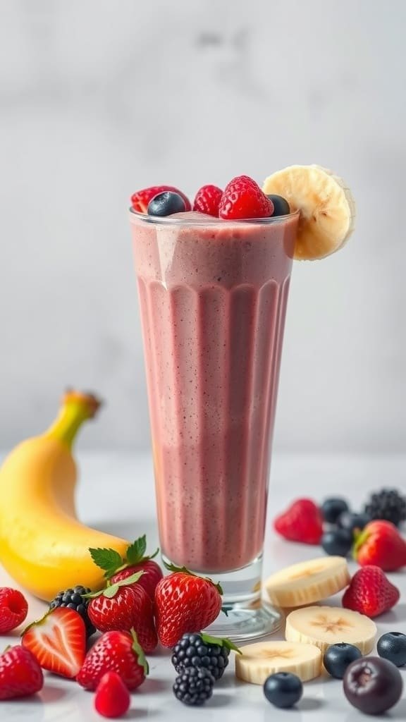 A refreshing berry banana smoothie in a tall glass, garnished with fresh berries and banana slices.