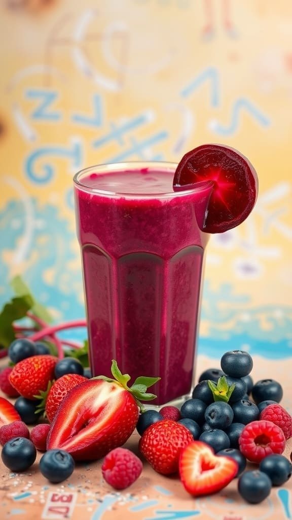 A vibrant berry beet energy smoothie in a tall glass, surrounded by fresh berries.