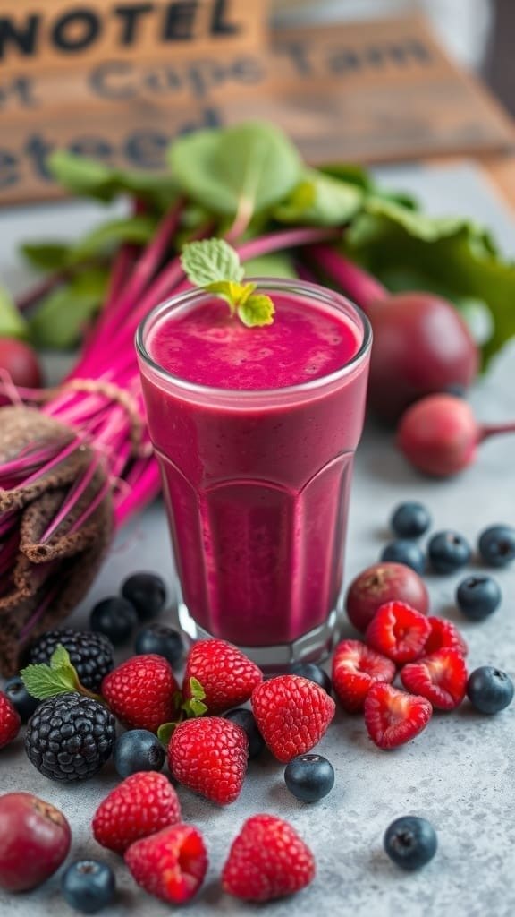 A vibrant berry beetroot smoothie surrounded by fresh berries and beetroot