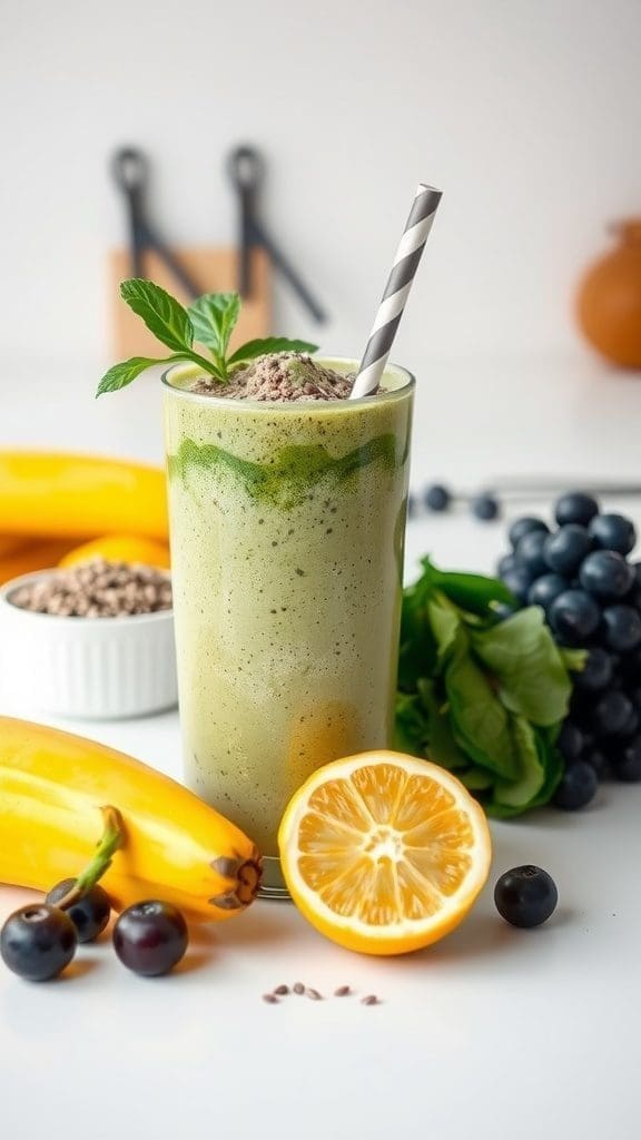 A green smoothie with banana, lemon, and blueberries on the side, garnished with mint and seeds