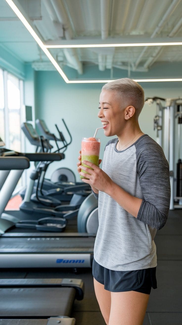 A woman in athletic wear enjoying a smoothie in a gym setting.