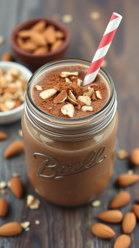 A delicious Chocolate Almond Joy Smoothie in a jar with a straw