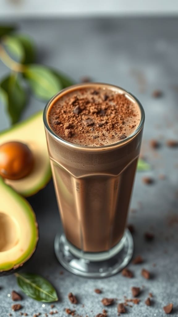 A creamy chocolate avocado smoothie topped with cocoa powder, next to a halved avocado.