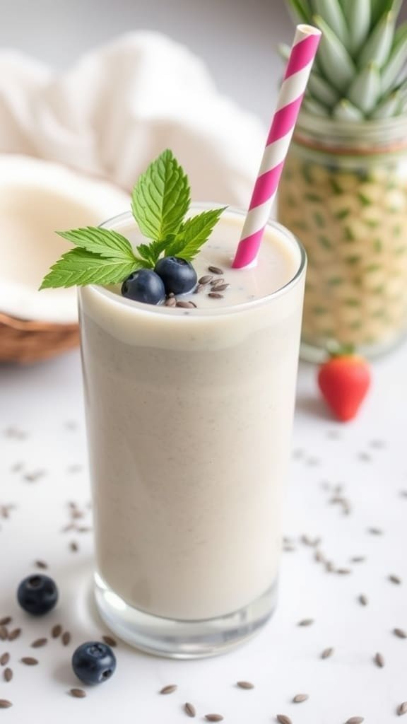 A refreshing coconut chia seed smoothie served in a coconut shell with a striped straw.