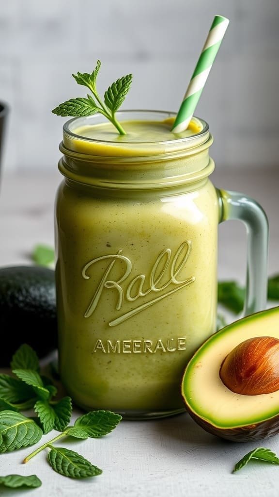 Creamy Avocado Spinach Smoothie in a glass with a green and white striped straw