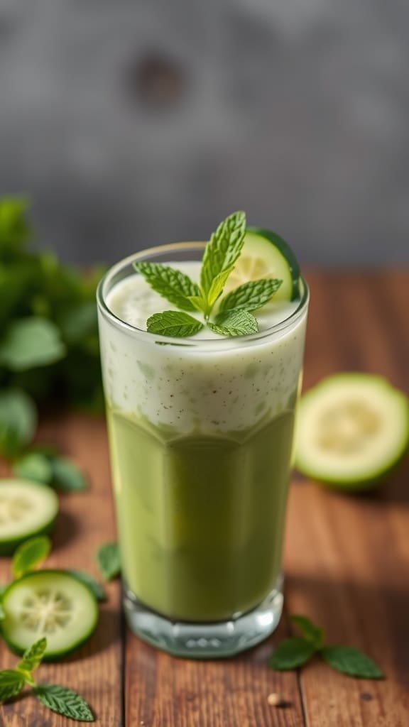 Cucumber Mint Refresh smoothie in a glass with cucumber slices and mint leaves around it.