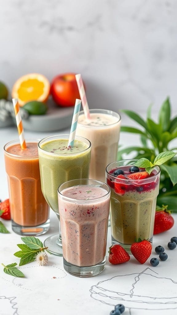 Various colorful smoothies in glasses with different flavors and ingredients