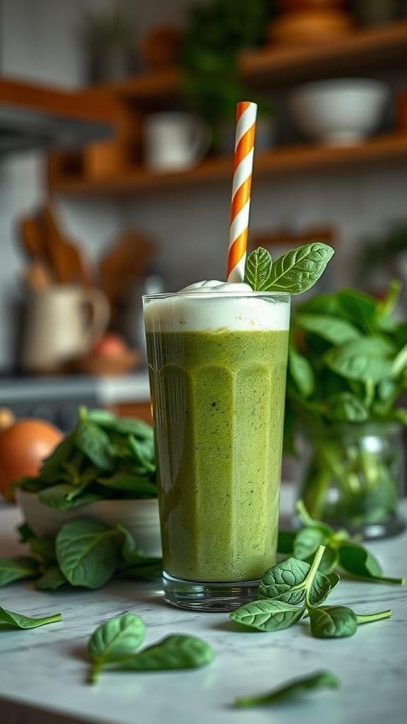 A green smoothie in a glass with a striped straw, surrounded by fresh spinach leaves.