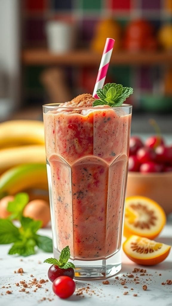 A colorful smoothie in a glass garnished with mint leaves, surrounded by fresh fruits and berries.