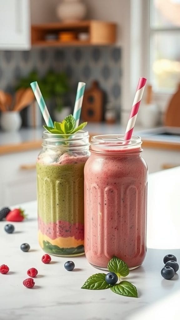 Two colorful smoothies in jars with mint leaves and berries on a kitchen counter.