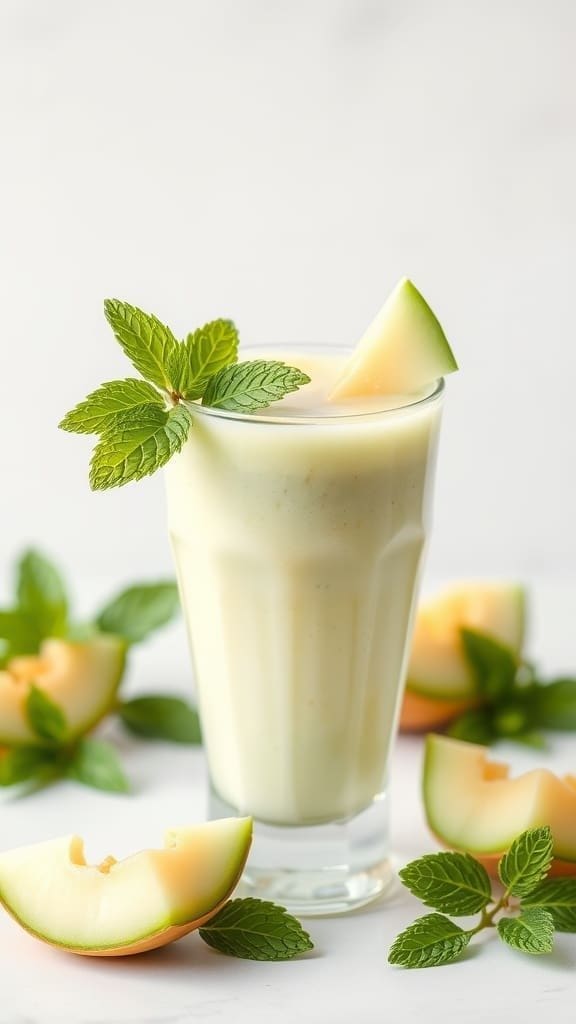 A refreshing honeydew melon mint smoothie garnished with mint leaves and a honeydew slice.