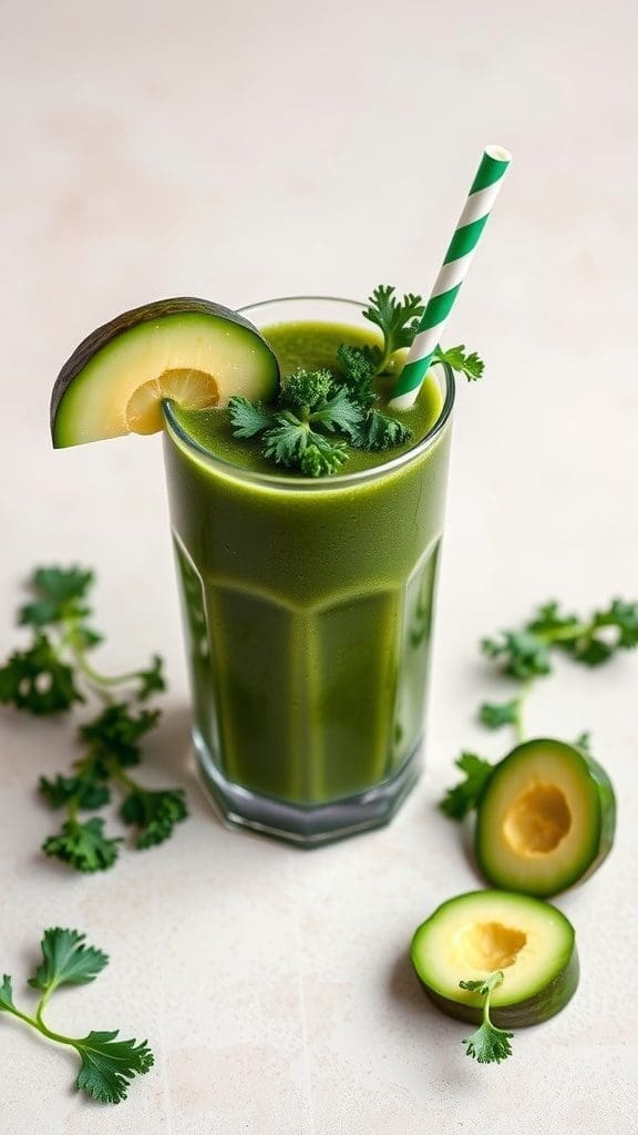 A healthy green smoothie with avocado and garnished with cilantro.