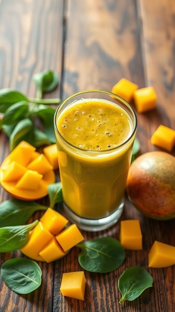 A vibrant mango spinach smoothie surrounded by fresh mango cubes and spinach leaves.