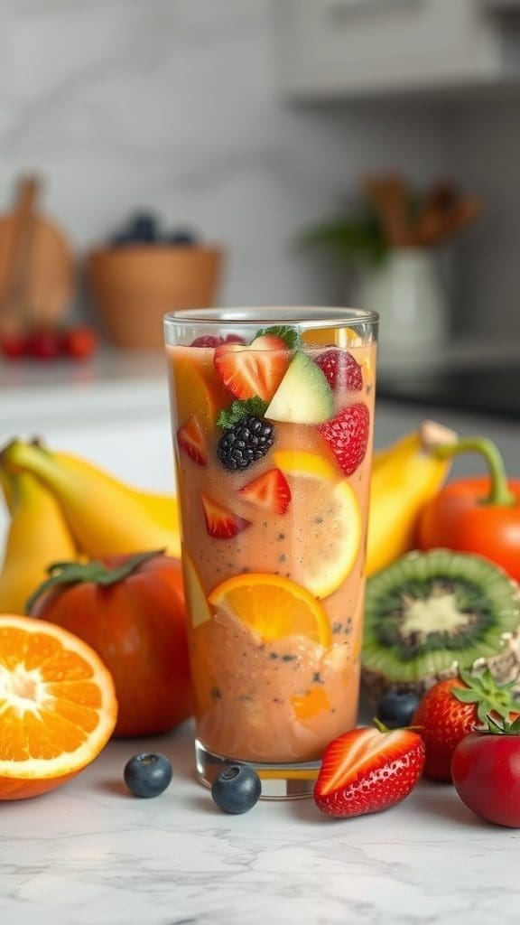 A colorful smoothie made with various fruits and surrounded by fresh produce.