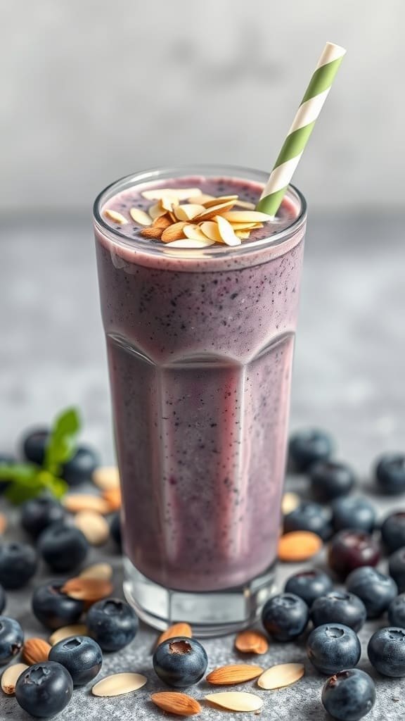 A refreshing blueberry almond smoothie topped with almond slices, served in a tall glass.