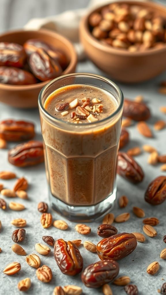 Nutty Date Smoothie in a glass with dates and nuts around it