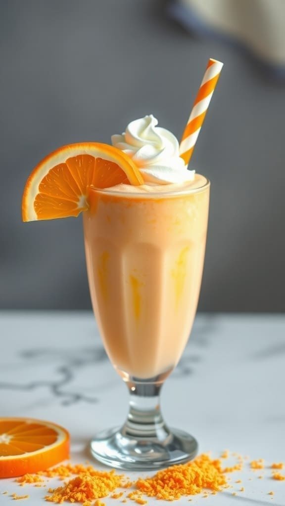 A refreshing orange creamsicle smoothie topped with whipped cream and a slice of orange