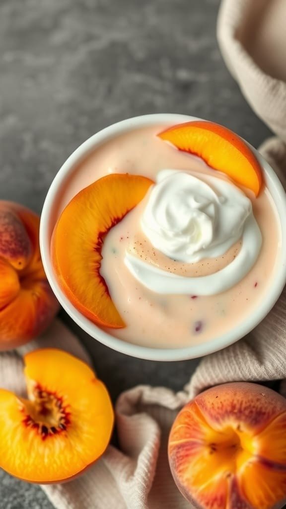 A creamy peach yogurt smoothie topped with fresh peach slices.