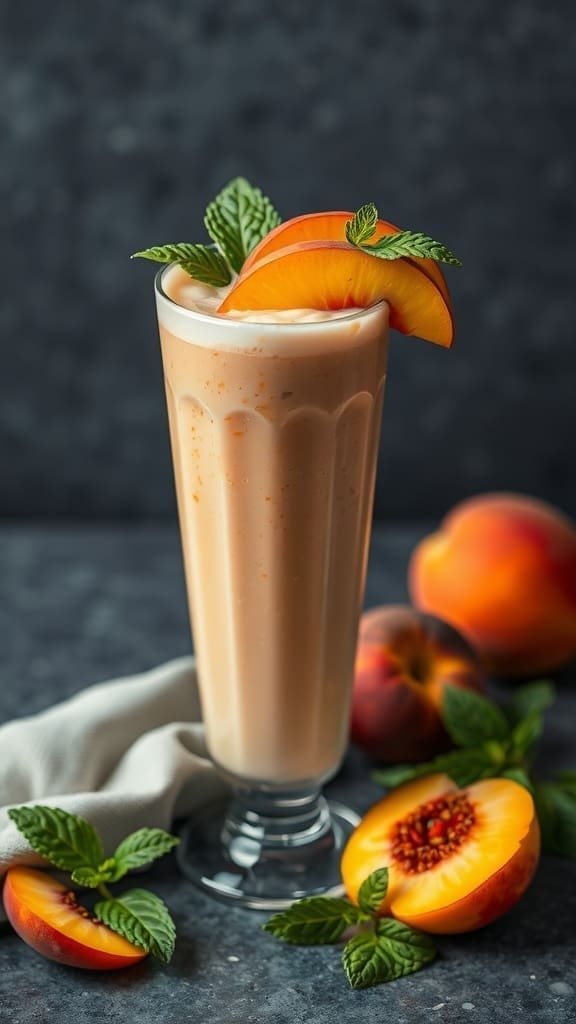 A refreshing peach smoothie garnished with peach slices and mint leaves