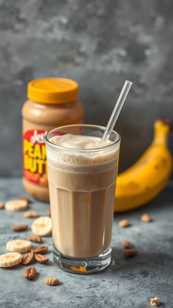 A refreshing peanut butter banana protein shake in a glass.