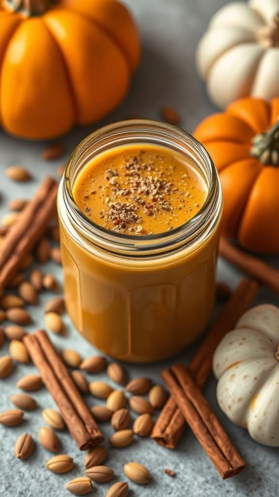A delicious pumpkin spice breakfast smoothie in a jar, surrounded by pumpkins and spices.