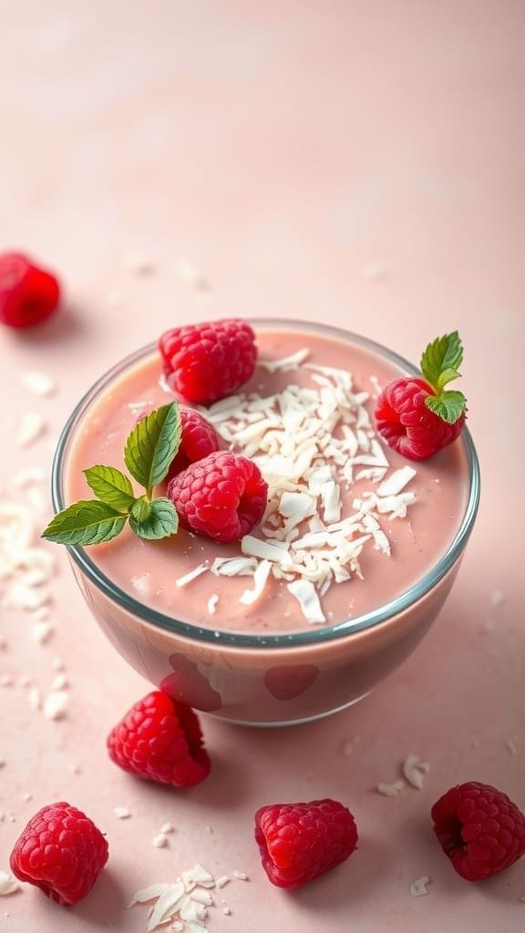 A smoothie bowl topped with raspberries and shredded coconut
