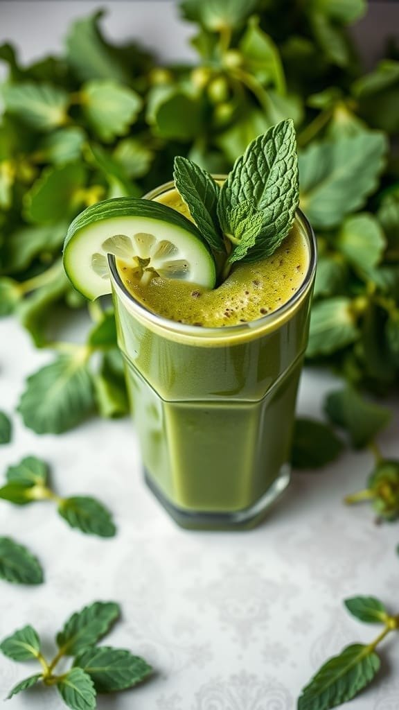 A refreshing green detox smoothie in a glass garnished with cucumber and mint leaves.