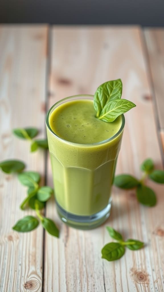 A glass of spinach avocado power smoothie with a garnish of spinach leaves.