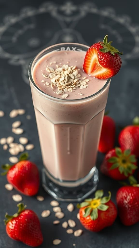 A refreshing strawberry oatmeal smoothie in a glass, garnished with a strawberry on top.
