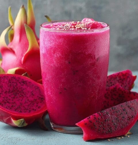 A vivid fuchsia dragon fruit smoothie in a clear glass is placed prominently in the center of the image. The smoothie is topped with a sprinkle of sesame seeds. Surrounding the glass are various pieces of fresh dragon fruit: a whole one with its distinctive pink skin and green scales in the background, a halved one revealing its dark, speckled flesh, and a few wedges of the fruit, some with seeds visible on a grey-blue surface.