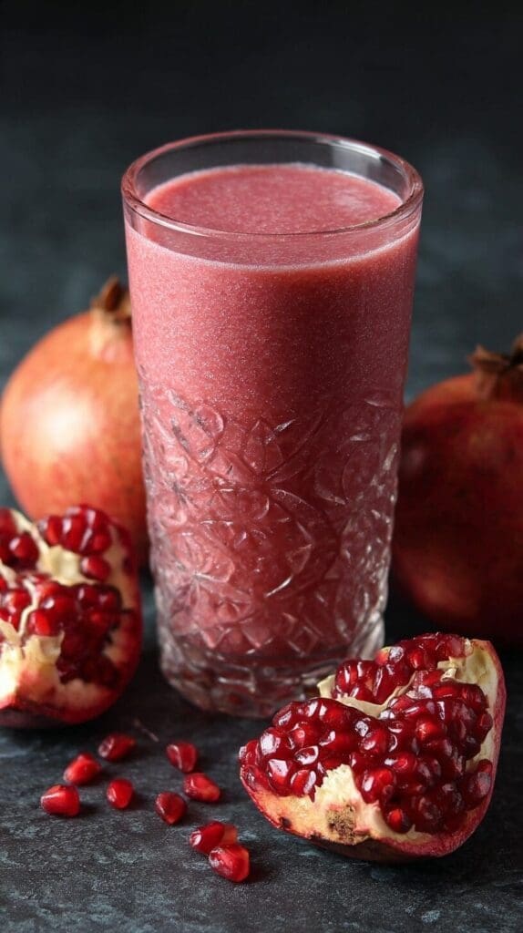 A vibrant red-purple pomegranate and rosewater smoothie in a textured glass. Around the glass are several pomegranates, some whole and one broken open, revealing its glistening red seeds, all on a dark, textured surface.