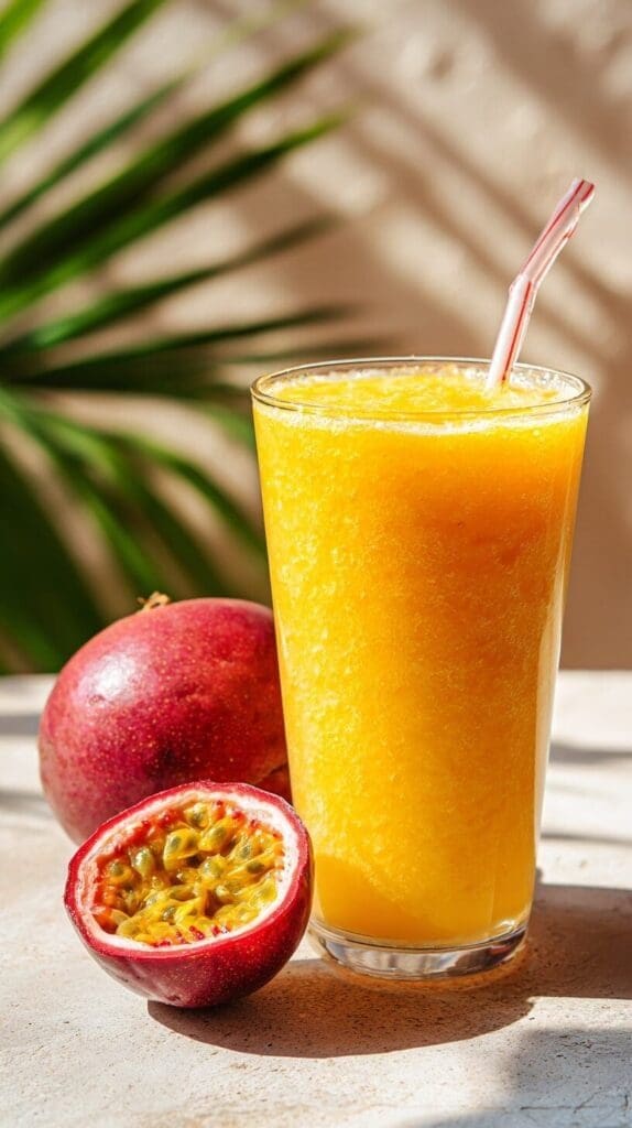 A bright yellow tropical drink in a tall glass with a straw, placed next to a whole passion fruit and a half-cut passion fruit revealing its seeds, all on a light textured surface with a palm leaf shadow in the background.