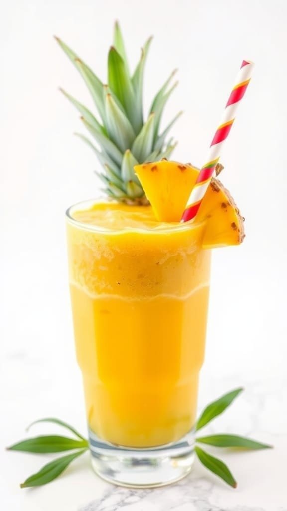 A refreshing tropical mango pineapple smoothie in a clear glass with a straw.