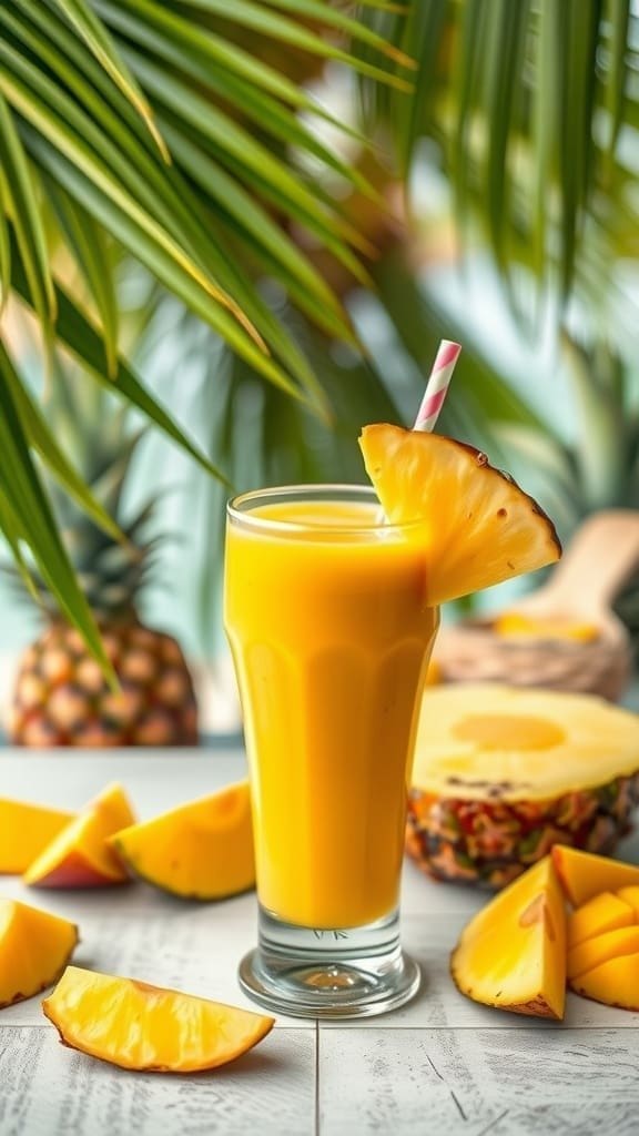 A refreshing glass of Tropical Mango Pineapple Fusion smoothie with fruit slices