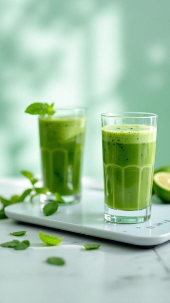 A green smoothie on a digital scale with bananas and mint leaves in the background.