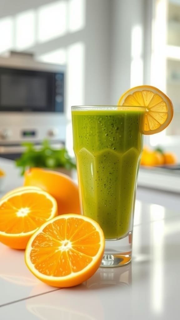 A refreshing green smoothie with citrus flavors, served in a glass with a lemon slice.