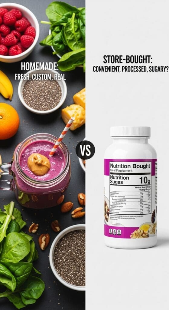 A playful, split-image comparison: on one side, a homemade smoothie in a mason jar surrounded by fresh, whole ingredients (fruits, greens, seeds, nut butter), and on the other side, a store-bought meal replacement bottle with a nutrition label showing high sugar content. The homemade side looks vibrant and wholesome, while the store-bought side is more sterile and less appetizing. Add subtle text overlays: “Homemade: Fresh, Custom, Real” vs. “Store-Bought: Convenient, Processed, Sugary?”